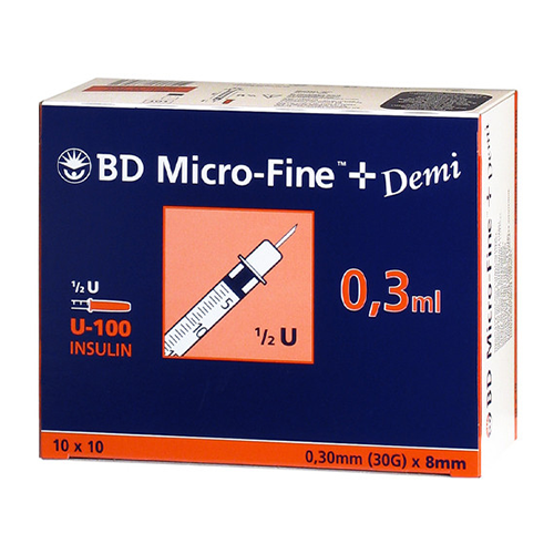 BD Micro-Fine + Insulinspritzen 8 x 0.30 mm,  0,3 ml, 100 Stk.