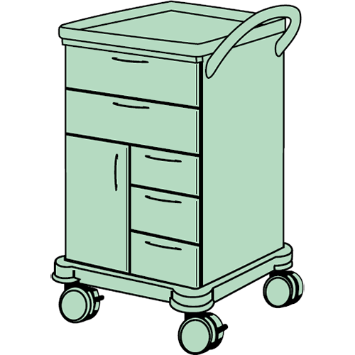 Behandlungswagen, 600 x 1010 (BxH in mm) 5 Schubladen, 1 Flügeltür